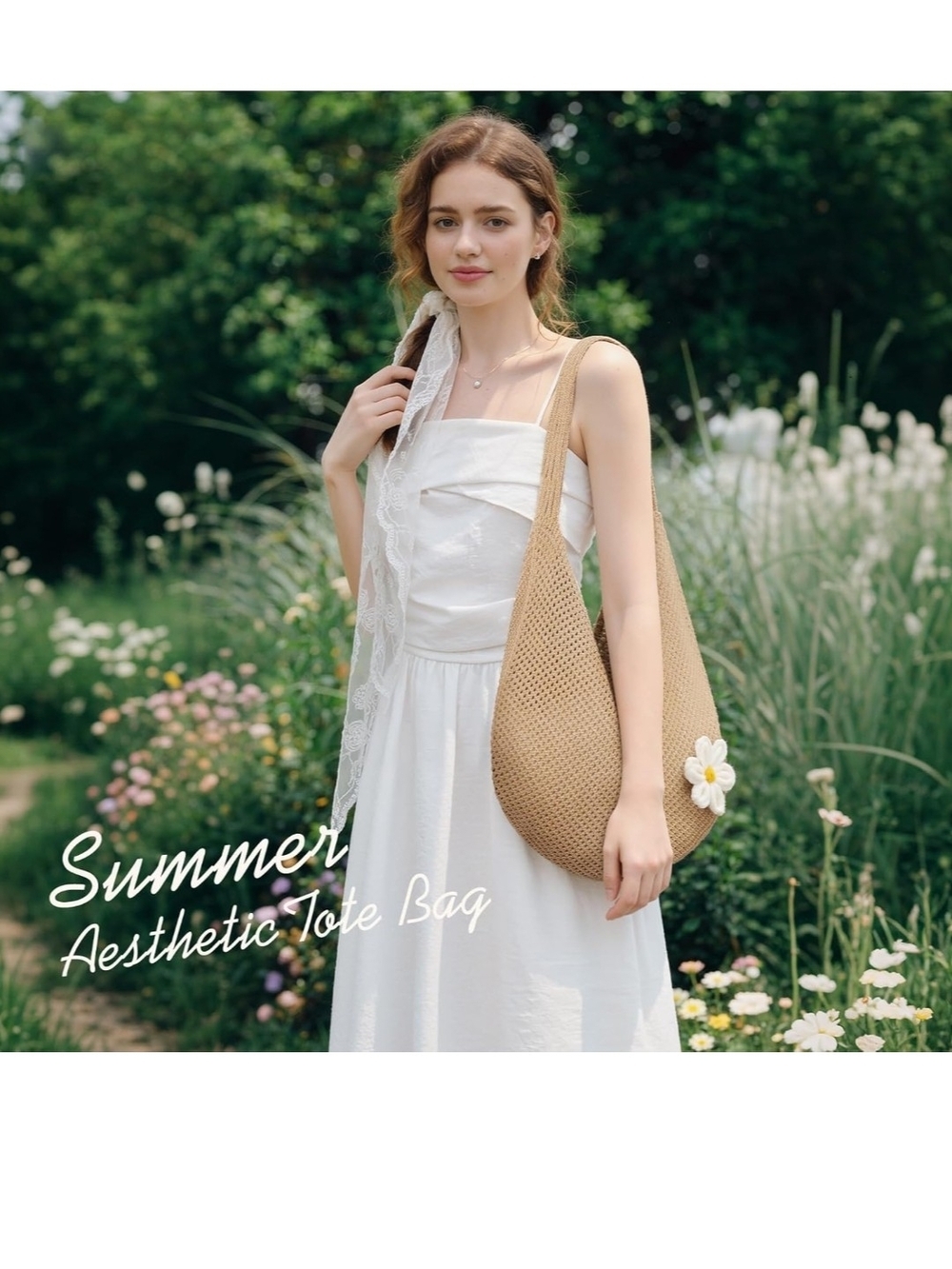 Beige Crochet Daisy-Accent Shoulder Bag - Picture 6 of 6